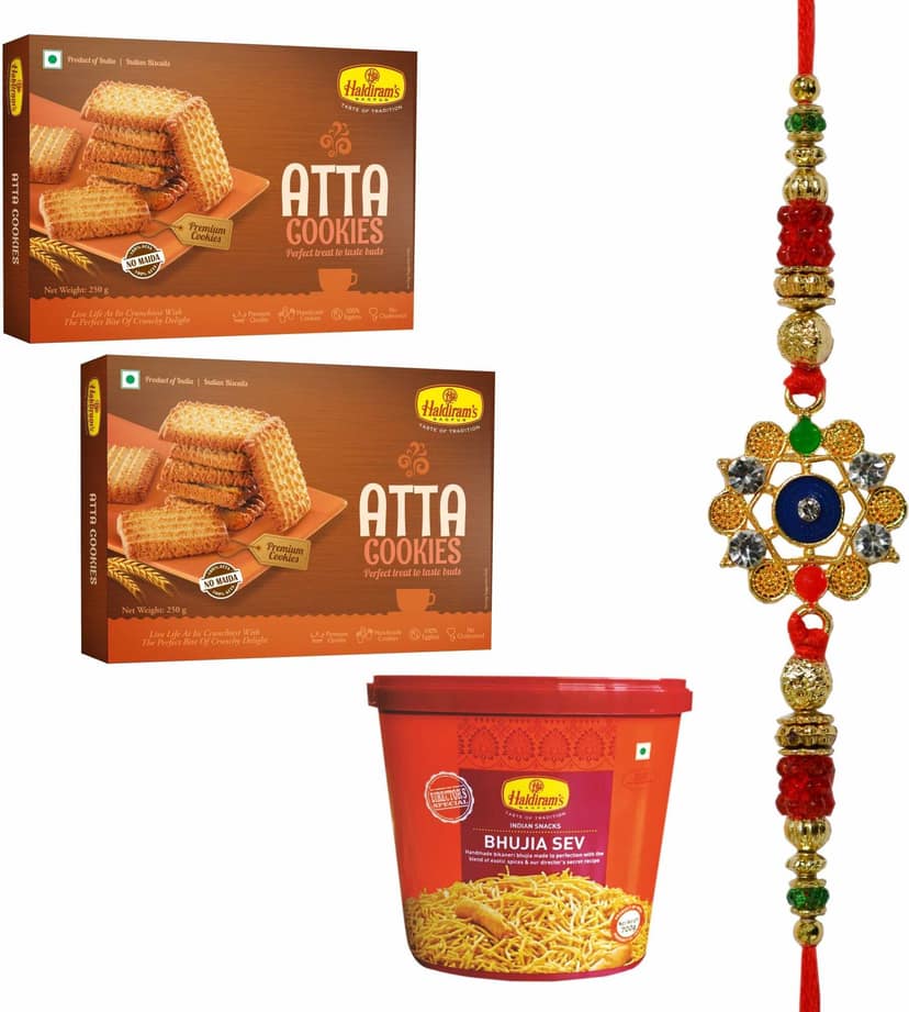 Haldiram's Nagpur Atta Cookies,Pack of 2 (250 g x 2) Bhujia Sev Jar 700g With Rakhi Assorted Gift Box (Multicolor)
