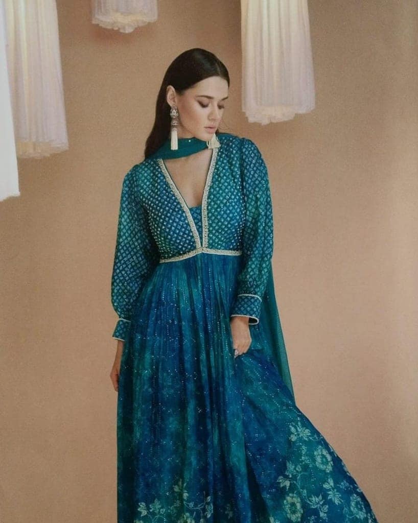 Women's Blue Floral Printed Long Sleeve Maxi Dress view 3