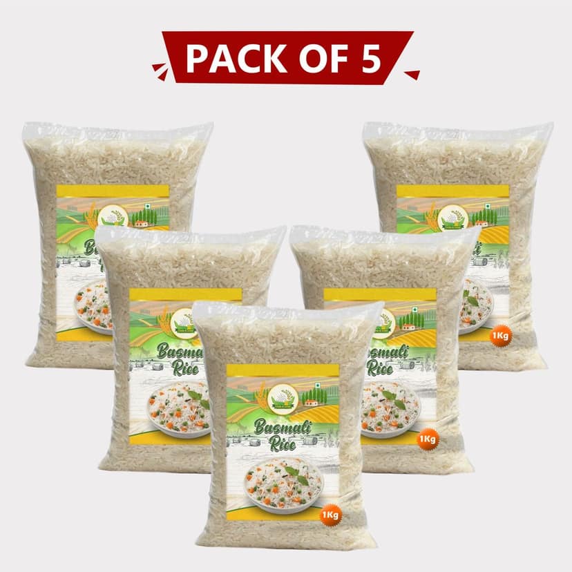 Premium Long Grain Basmati Rice 5kg (Pack of 1kg × 5 packet) by Arms Krishi – Extra Long Grain, Fragrant & Pure Chawal