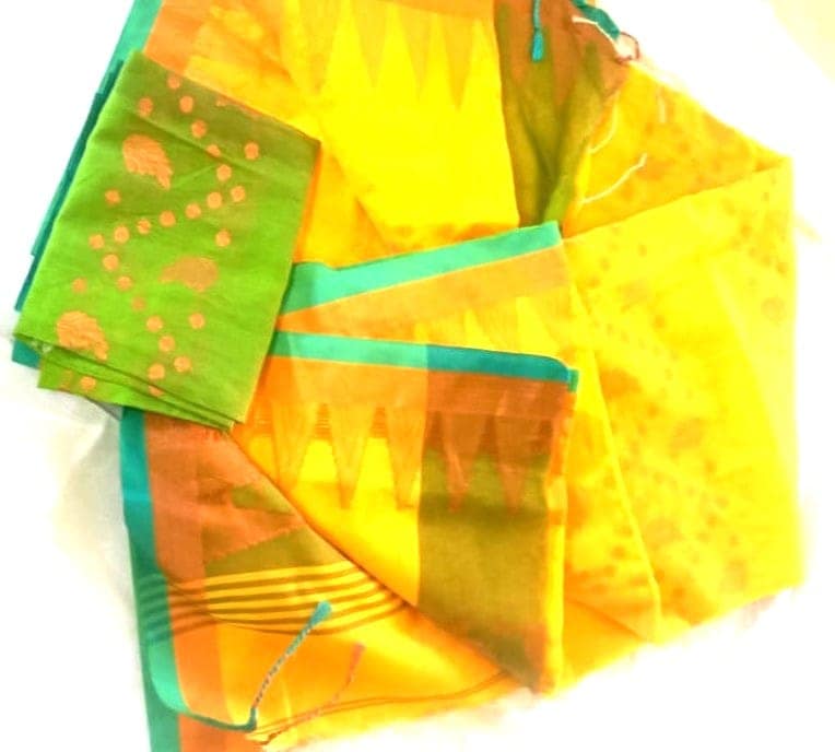 Yellow and Green Pure Handloom Cotton Saree With Blouse Piece view 2