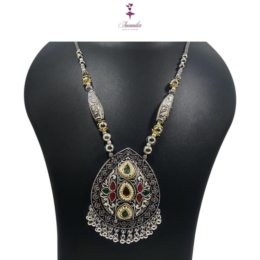 ANAMIKA Luxury Handcrafted Necklace Jewellery Set with Ear Rings, Oxidized, Tear-Drop Pendant, AD Pearls, Green, Purple, Red view 2