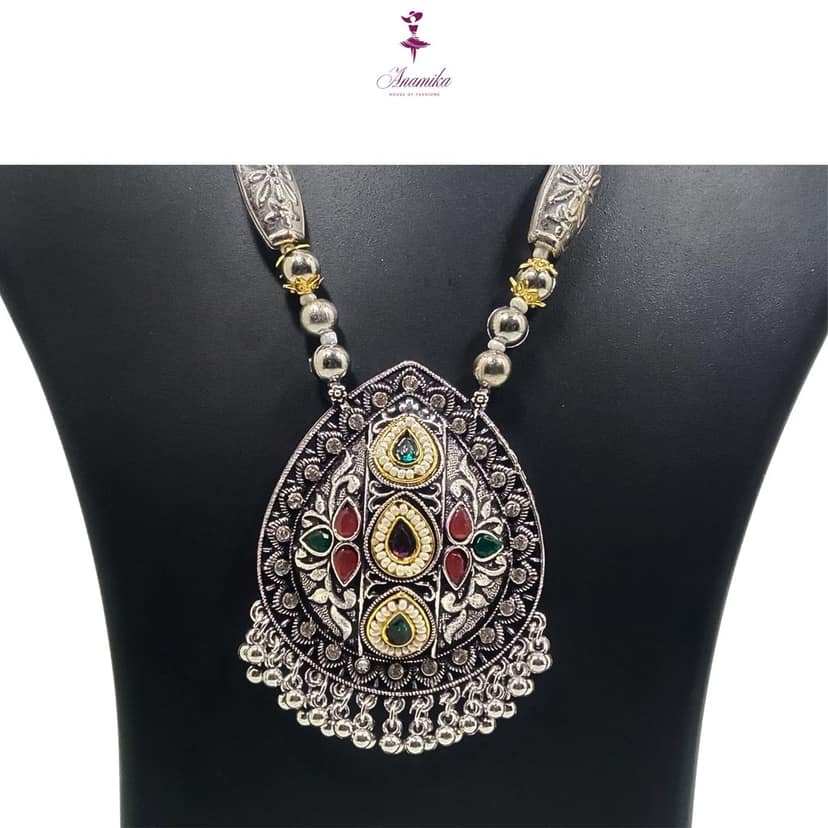 ANAMIKA Luxury Handcrafted Necklace Jewellery Set with Ear Rings, Oxidized, Tear-Drop Pendant, AD Pearls, Green, Purple, Red view 3