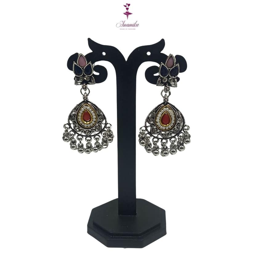 ANAMIKA Luxury Handcrafted Necklace Jewellery Set with Ear Rings, Oxidized, Tear-Drop Pendant, AD Pearls, Green, Purple, Red view 4