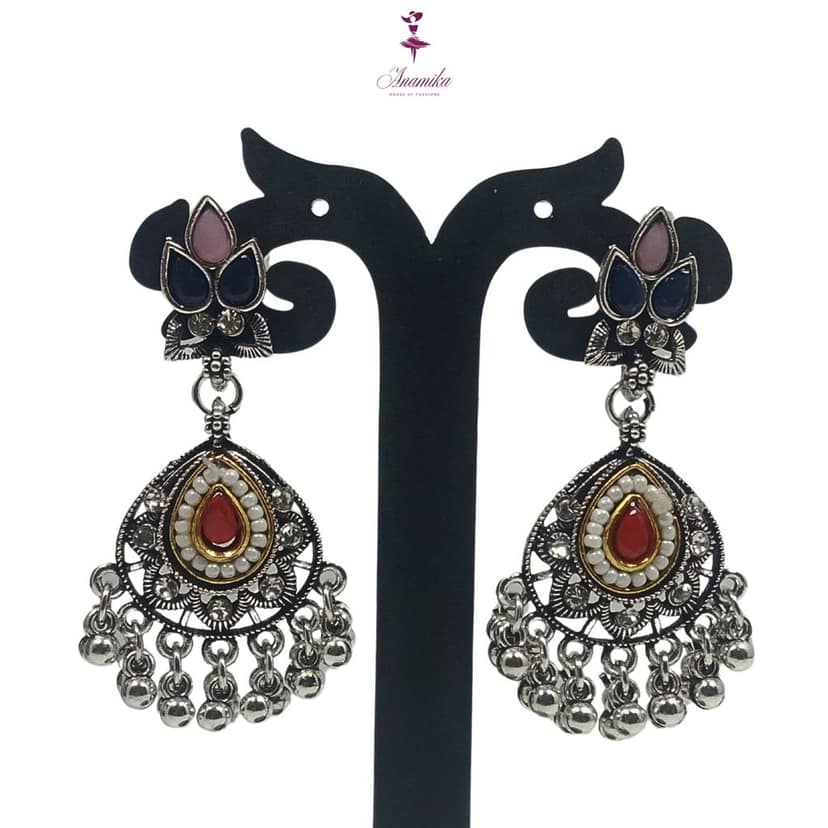ANAMIKA Luxury Handcrafted Necklace Jewellery Set with Ear Rings, Oxidized, Tear-Drop Pendant, AD Pearls, Green, Purple, Red view 5