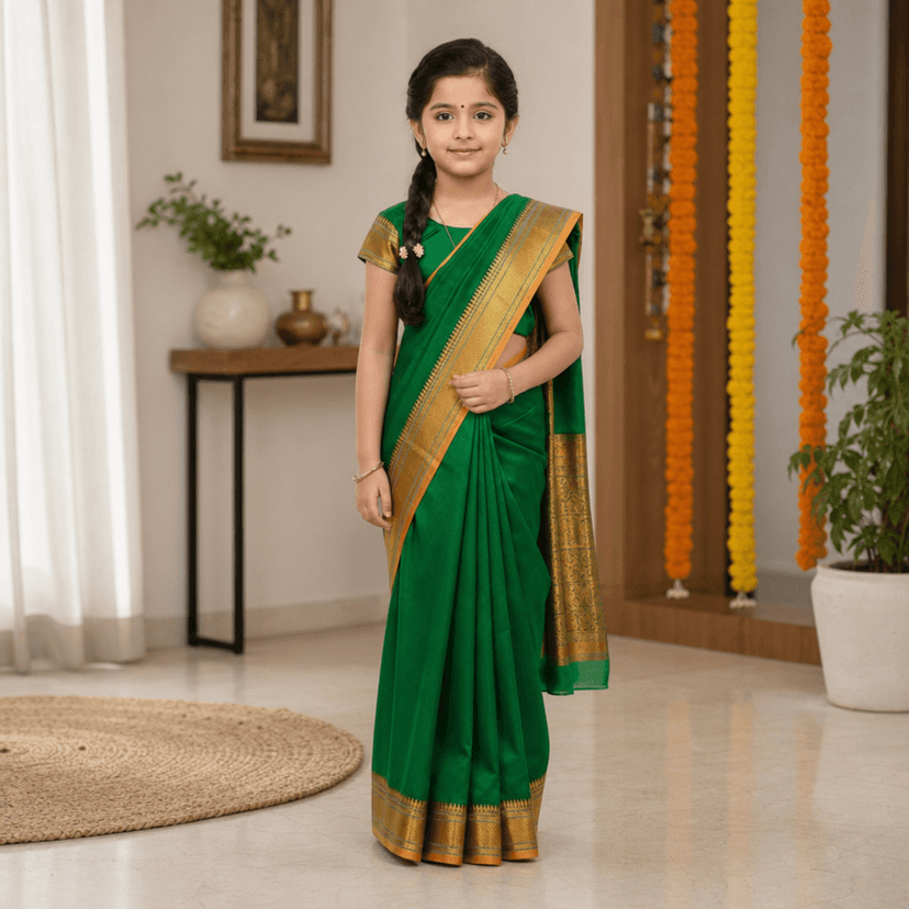 Mom and Me Girls Ethnic Green Saree | Pre-Stitched Belgaon Silk with Golden Zari view 3