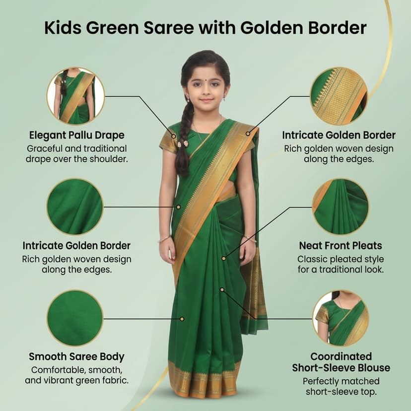 Mom and Me Girls Ethnic Green Saree | Pre-Stitched Belgaon Silk with Golden Zari view 4