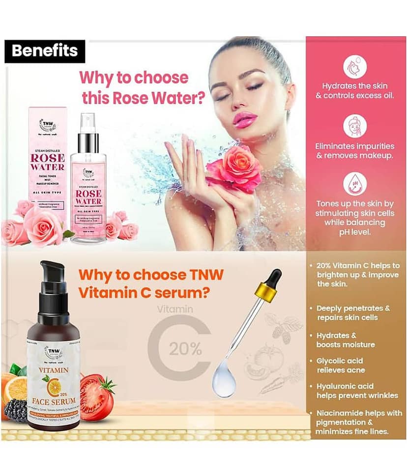 TNW - The Natural Wash Rose Water 200ML & Vitamin C Face Serum(30) Face Serum 230 mL Pack of 2 view 2