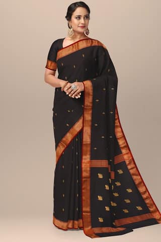 Black Handwoven Maheshwari Silk with Zari Border and Floral Buta Saree SKU-BS10118