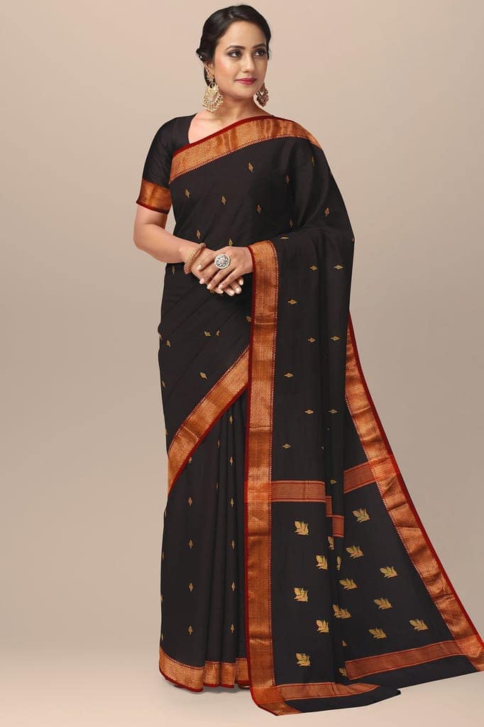 Black Handwoven Maheshwari Silk with Zari Border and Floral Buta Saree SKU-BS10118