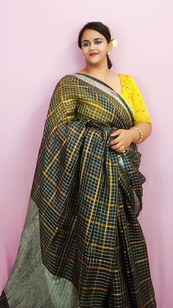 Pure Linen Check Design Handloom Black Saree with Running Blouse-5763 view 2