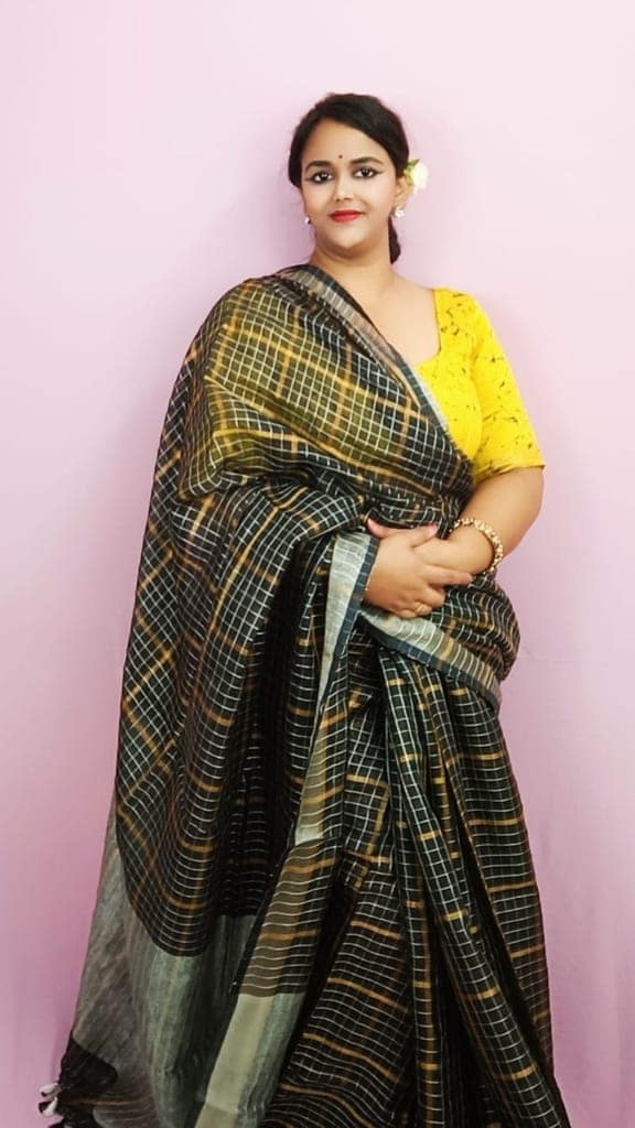 Pure Linen Check Design Handloom Black Saree with Running Blouse-5763 view 4