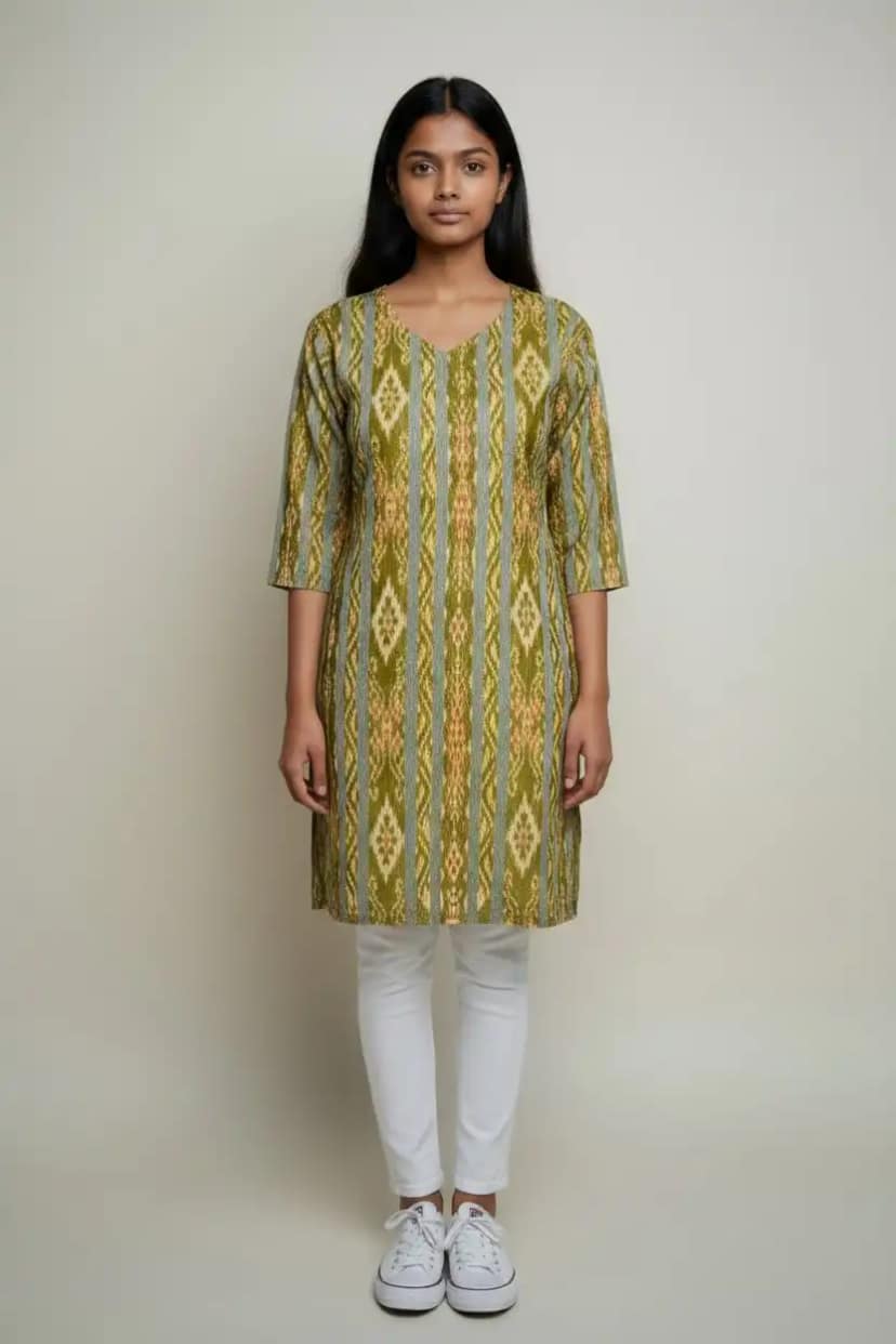 Sambalpuri Ikat Diamond Olive-Odisha Handloom Cotton Kurti view 2