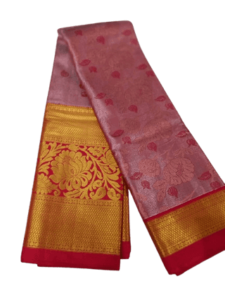 Pink and gold zari woven Kanjivaram silk saree with red border 5.5 meters with combined blouse