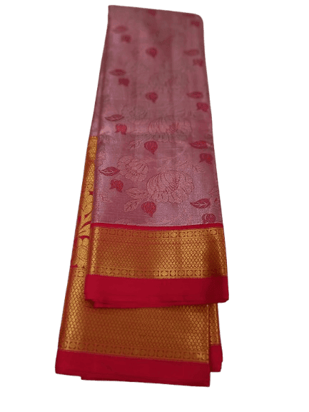 Pink and gold zari woven Kanjivaram silk saree with red border 5.5 meters with combined blouse view 2