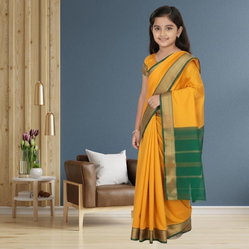Mom and Me Girls Ready-to-Wear Belgaon Silk Saree with Golden Zari Border view 2