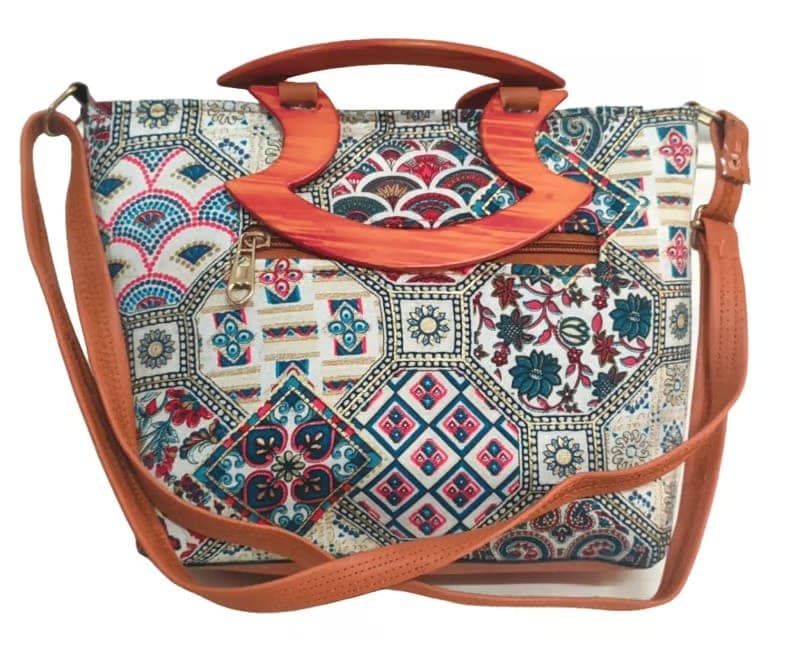 Patterned Fabric Sling Handbag with Wooden Handles view 2