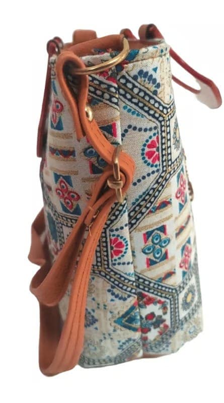Patterned Fabric Sling Handbag with Wooden Handles view 3