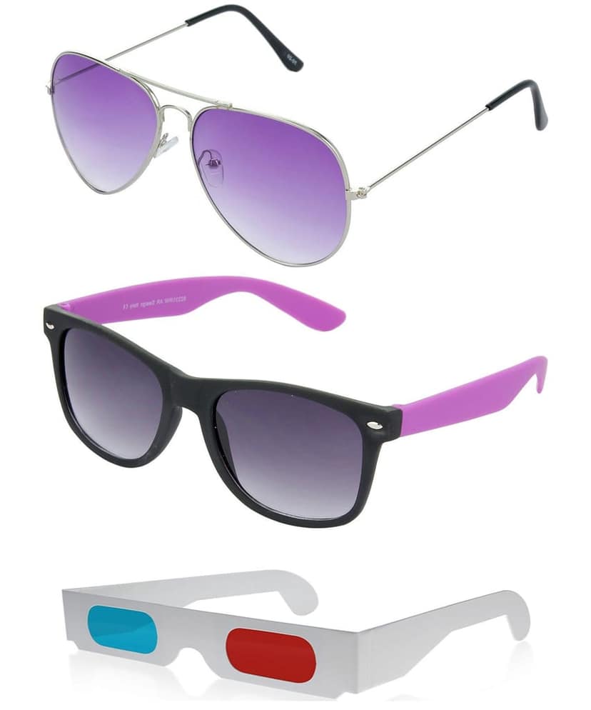 HRINKAR Pilot And Rectangular Stylish Sunglasses For Men And Women (Purple And Grey Lens | Silver And Black Frame - HCMB195) With Free Paper 3D Glass