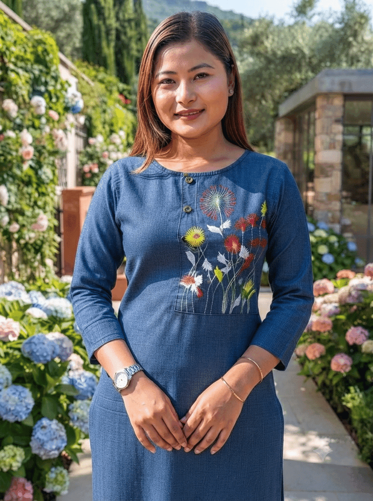 Women's Blue Denim Embroidered Straight Kurta view 3