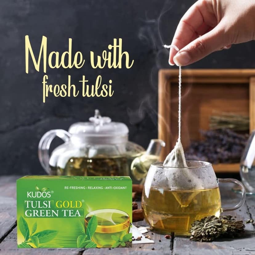 Kudos TULSI GOLD GREEN Refreshing ,Relaxing ,Anti Oxidant Tea :Helps Boost Immunity,Loose Weight,Burn Fat, Zero Calorie Tulsi Tea (Pack of 2) view 4