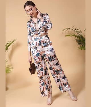 Freehand Women Printed Shirt With Trousers Co-Ord Set ( Off White )