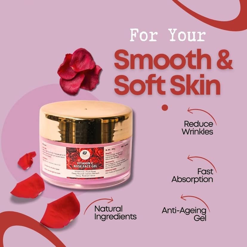 Veora Organics Vitamin E Rose Face Gel | Hydrating & Anti Ageing Gel with Pure Rose Extract | Deep Nourishing Moisturizer for Skin Brightening, Wrinkle Care & Glow | Lightweight Face Gel | 100g view 4