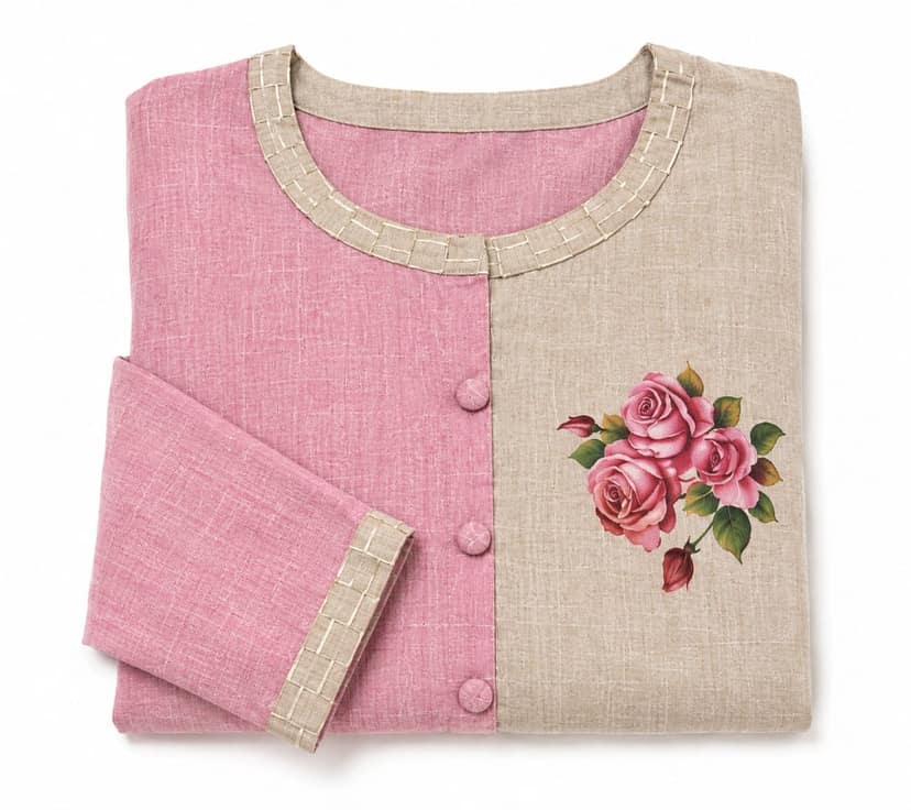 Women's Pink & Beige Color-Block Rose Printed Kurta view 3