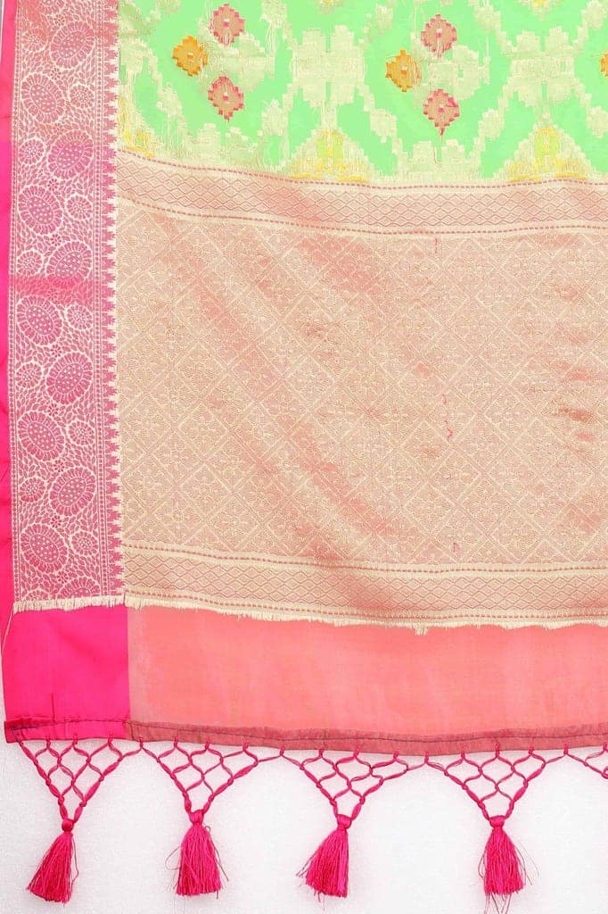 Light Green Zari Woven Ikat Saree view 5
