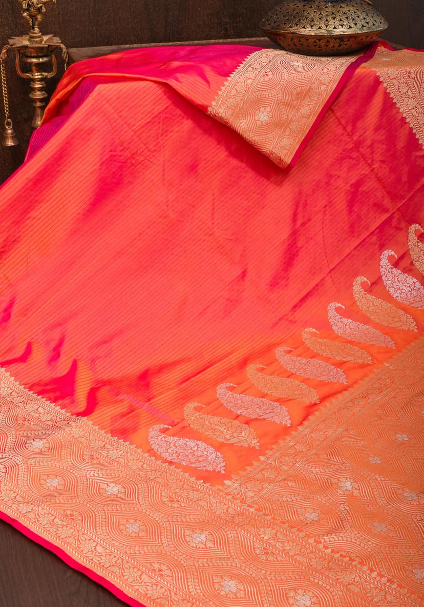 Orange-Pink Dual Tone Banarasi Saree with Tanchoi weave Stripes and Alfi Meena Borders |SILK MARK CERTIFIED view 2
