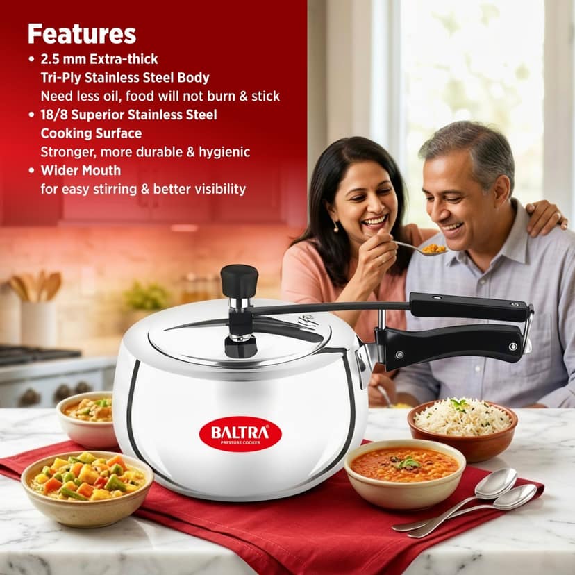 BALTRA Elite 3 Litre Stainless Steel Pressure Cooker with Safety Valve 5Y Warranty TRIPLY Base Induction & Gas Compatible view 2