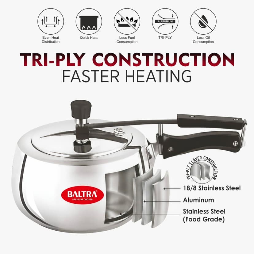 BALTRA Elite 3 Litre Stainless Steel Pressure Cooker with Safety Valve 5Y Warranty TRIPLY Base Induction & Gas Compatible view 3