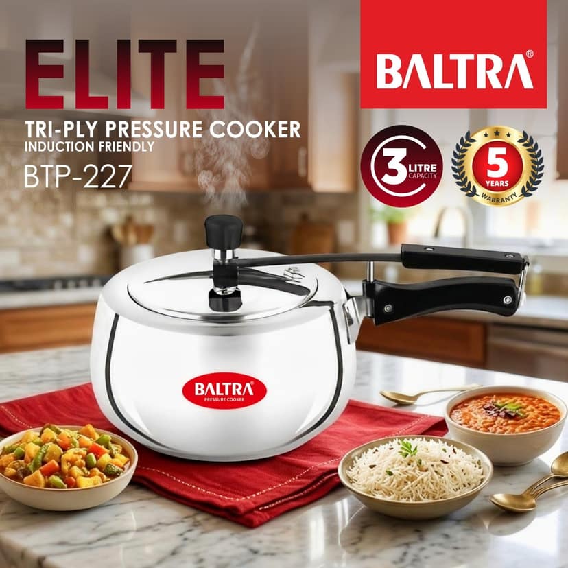 BALTRA Elite 3 Litre Stainless Steel Pressure Cooker with Safety Valve 5Y Warranty TRIPLY Base Induction & Gas Compatible view 4