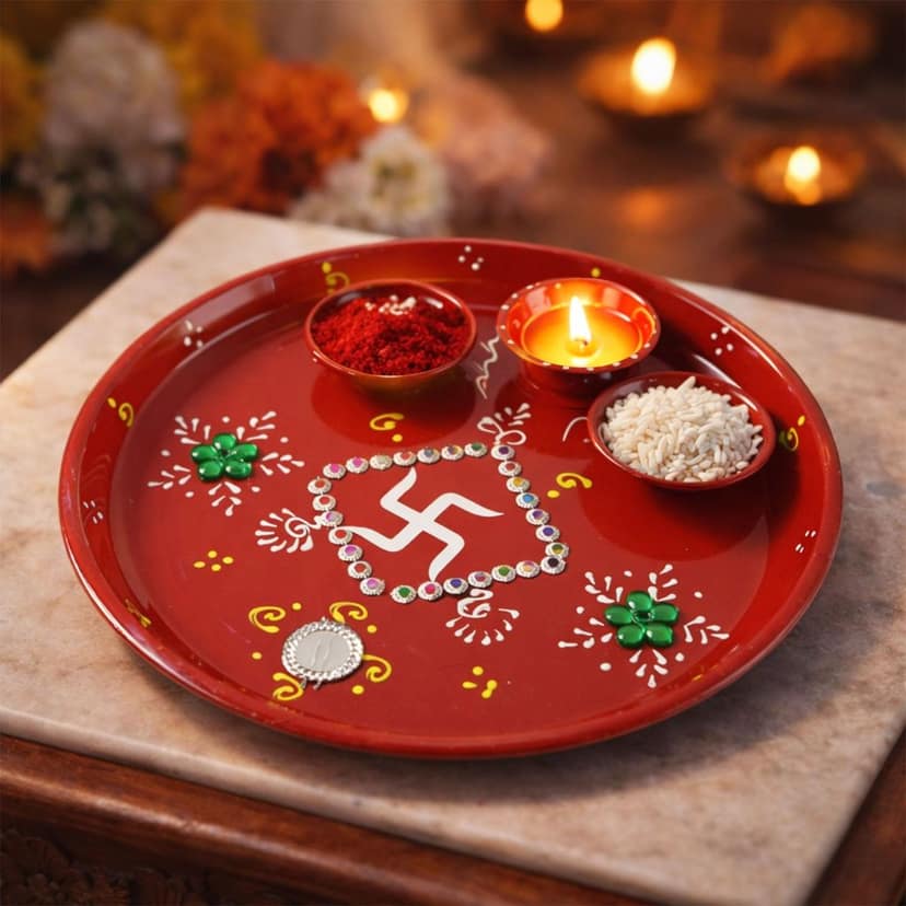 Pooja Thali with Ganesha Motif – Hand-Painted Festive Set view 3