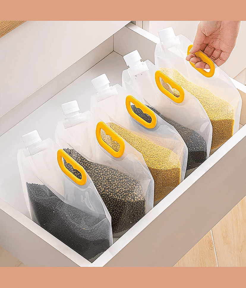 Reusable Moisture-Proof Airtight Food Storage Pouches – Space Saving Plastic Containers for Grains, Snacks, Coffee, Sugar, Tea (Pack of 5)