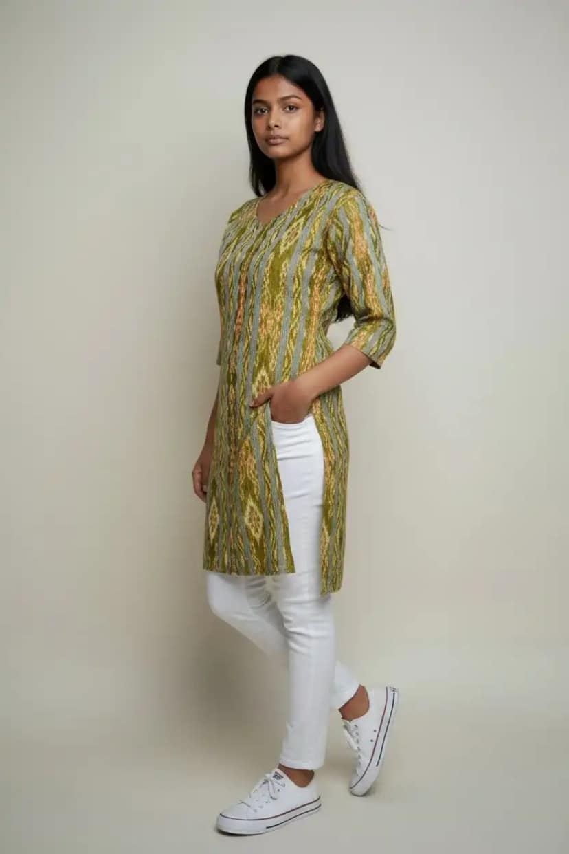 Sambalpuri Bandhakala Cotton Kurti in Olive view 4