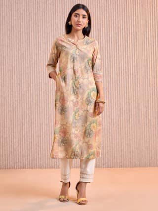 Beige Modal Chanderi Foil Printed Kurti With Lace Detailing