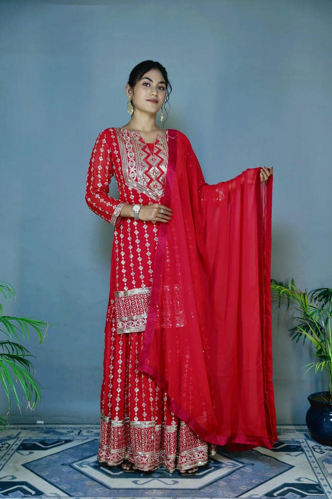 Red Sharara Suit Set Ready to wear indian salwar kameez Dupatta for women anarkali designer pakistani dresses Festival 3 piece view 5
