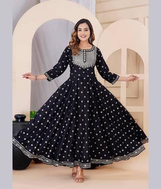 Lee Moda Rayon Embroidered Anarkali Women's Kurti - Black ( Pack of 1 )