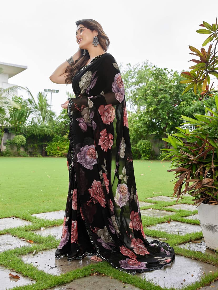 Floral Printed Georgette With Mirror Work Border view 2