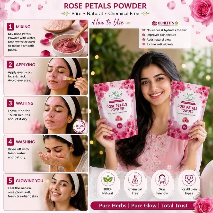 SHUSHRAJ JAIVIK Rose Petals Powder Combo Pack of 2 (80g Each, Total 160g) | 100% Pure & Natural Face Pack | Skin Brightening, Glowing & Refreshing | For All Skin Types view 7