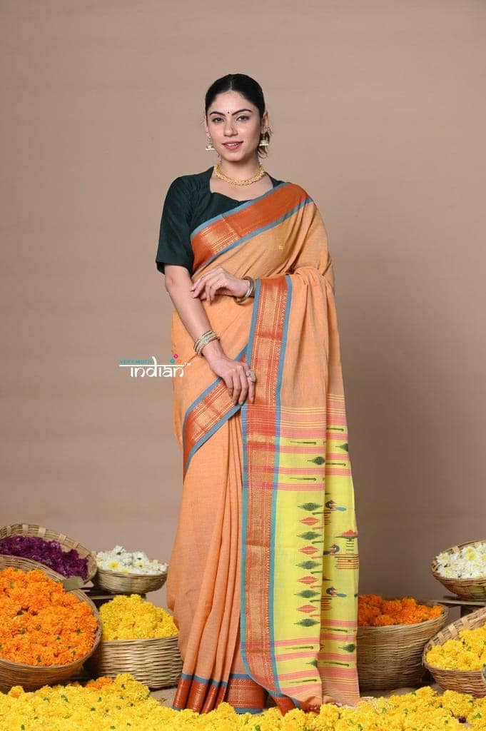 Rajsi~ Handloom Pure Cotton Paithani Without Zari and Most Traditional Double Pallu~ Orange