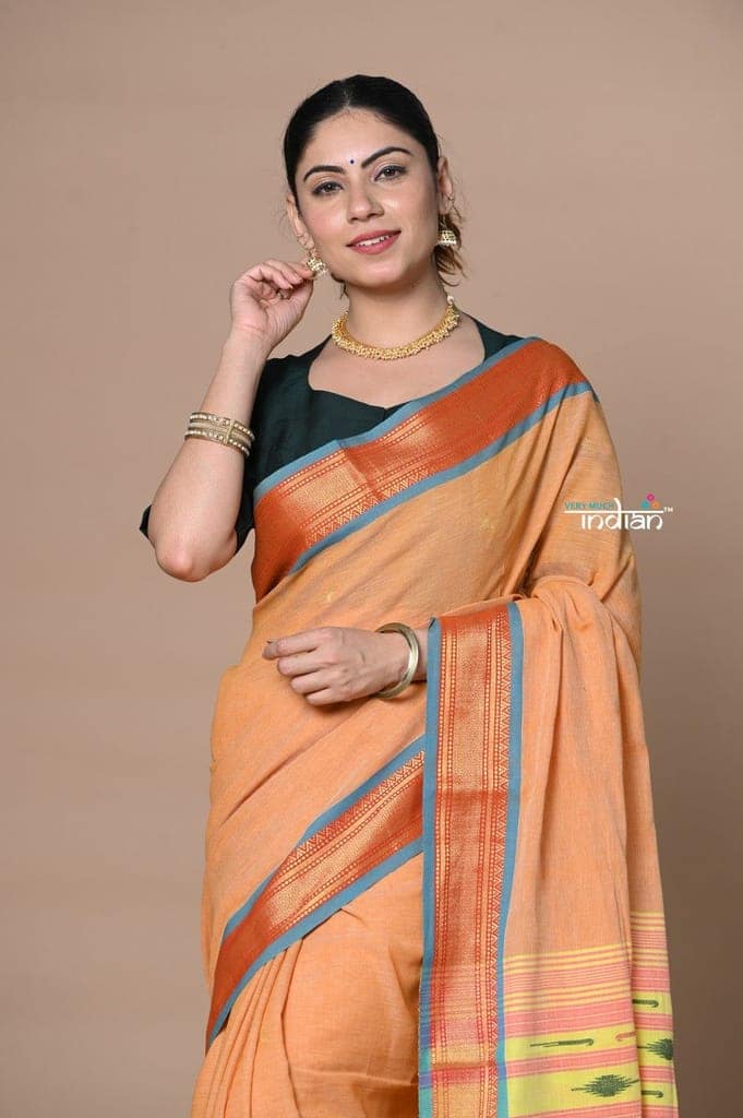 Rajsi~ Handloom Pure Cotton Paithani Without Zari and Most Traditional Double Pallu~ Orange view 2