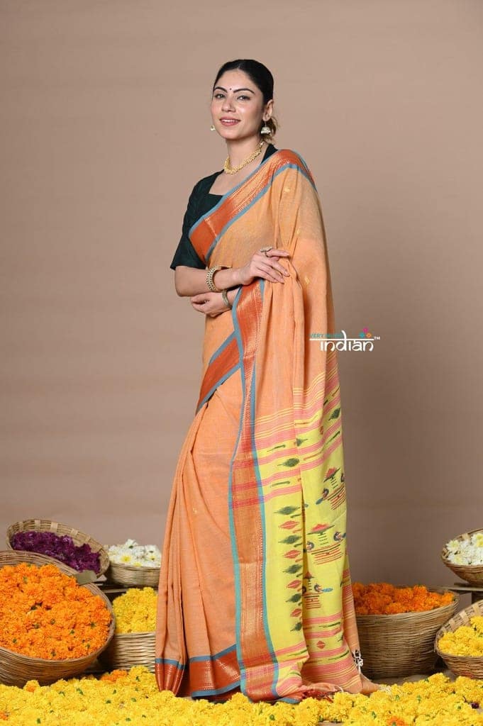 Rajsi~ Handloom Pure Cotton Paithani Without Zari and Most Traditional Double Pallu~ Orange view 3