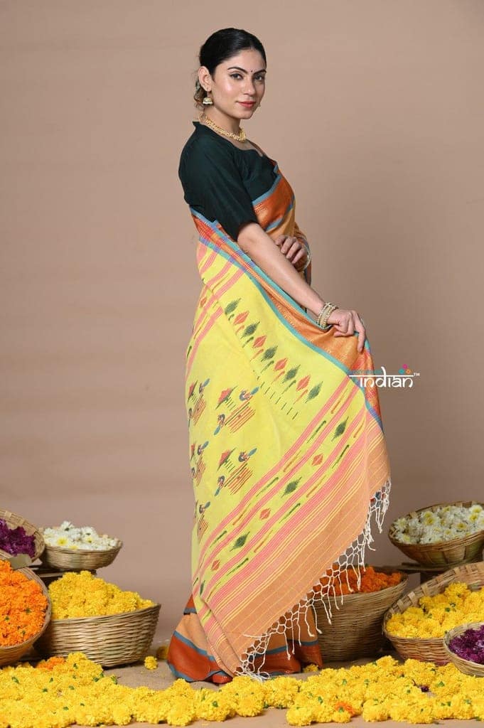 Rajsi~ Handloom Pure Cotton Paithani Without Zari and Most Traditional Double Pallu~ Orange view 4