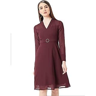 Miss Chase Womens Wine Red V-Neck Full Sleeve Solid Fit &amp; Flare Midi Dress