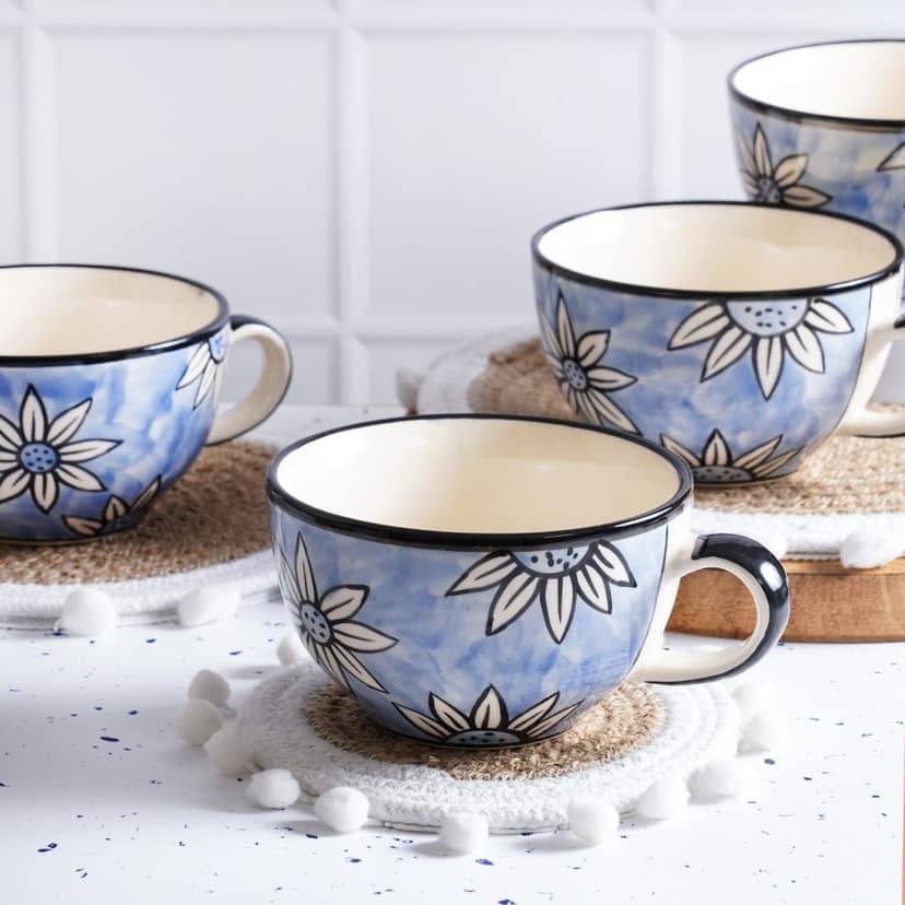 STOREPEDIA Handmade Floral Print Ceramic Soup Coffee Mug Cup Set of 4, 400mlMicrowave Safe Jumbo Coffee, Milk, Soup Tea Chai Mugs Cups for Daily Home Office Use, Jumbo Large Size Blue Color view 2