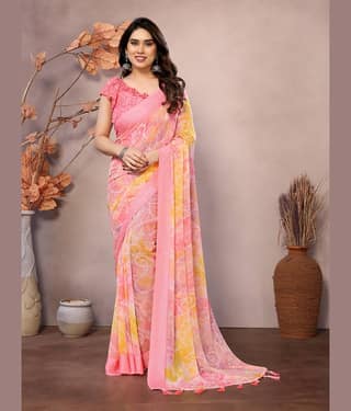 BLEESBURY Chiffon Printed Saree With Unstitched Blouse Piece ( Peach )