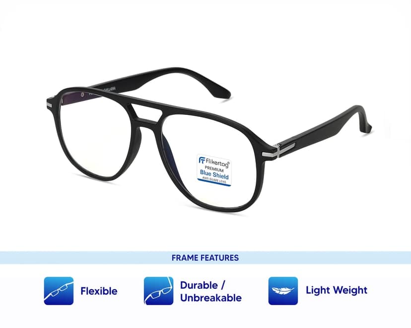 Flikertag Blue Cut Computer Glasses for Eye Protection | Zero Power Blue Light Filter Glasses With UV Protection | Anti Glare Specs for Men [FTF207 F1 Aviator Matte Black Frame, 54mm] view 2