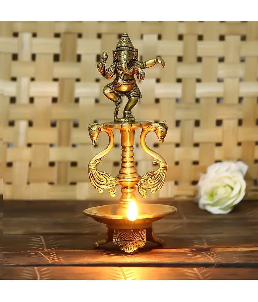 eCraftIndia Antique Gold-Toned Lord Ganesha Decorative Diya Showpiece