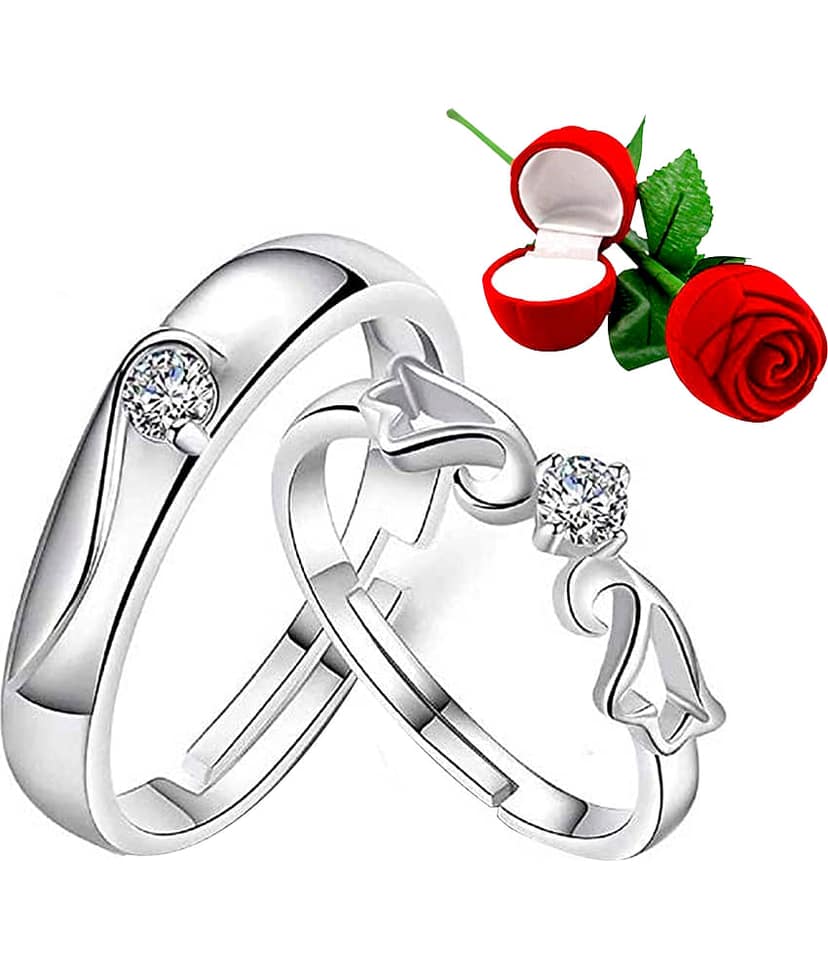 Silver Plated Adjustable Couple Rings Set for lovers Ring with 1 Piece Red Rose Gift Box for Men and Women